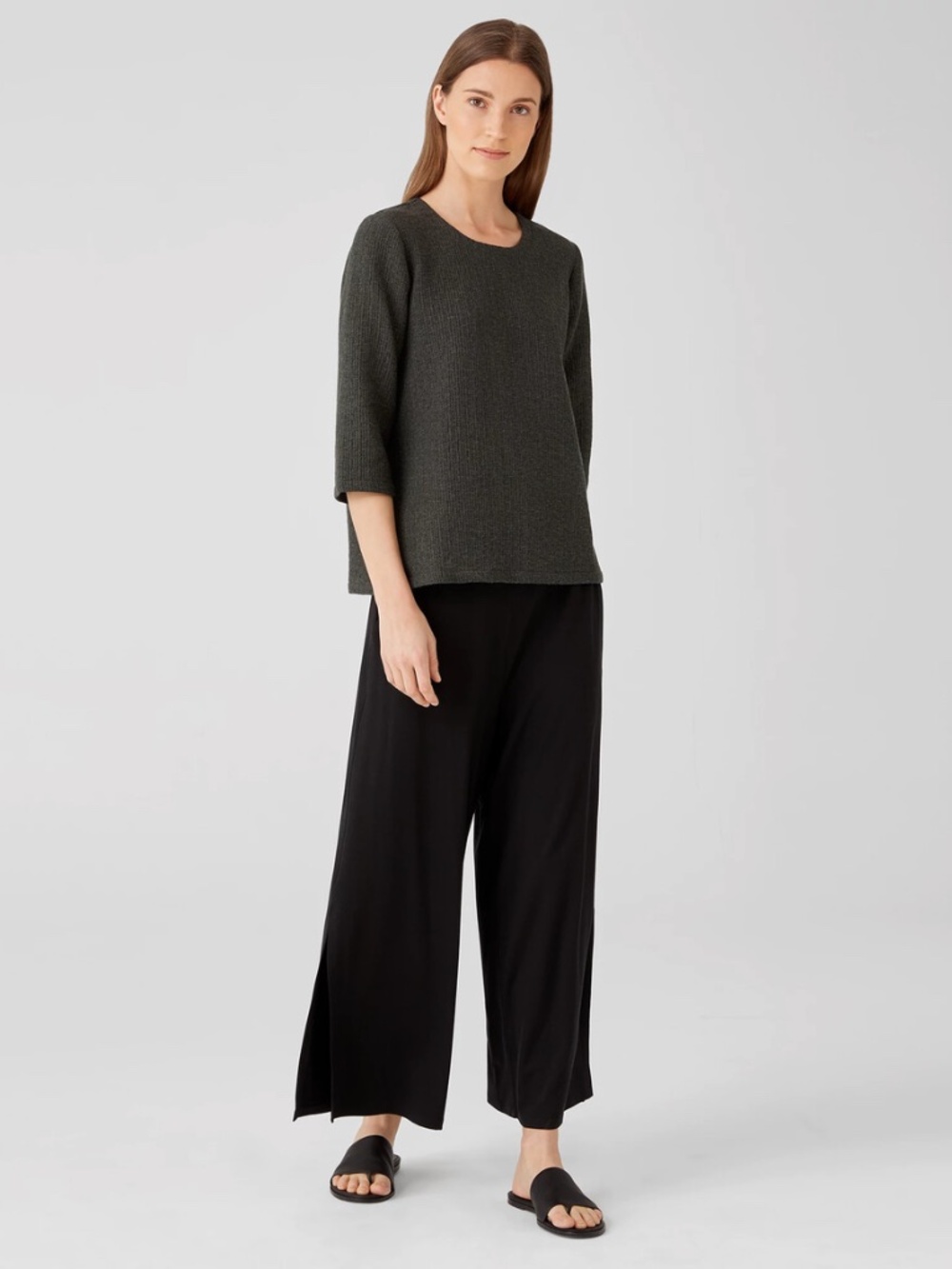EILEEN FISHER Textured Cotton Ripple Round Neck Top, Seaweed Green, XL, NWT